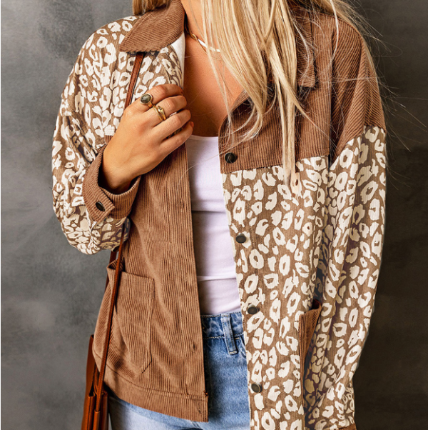 Women's Corduroy Jacket Leopard Splicing Jacket
